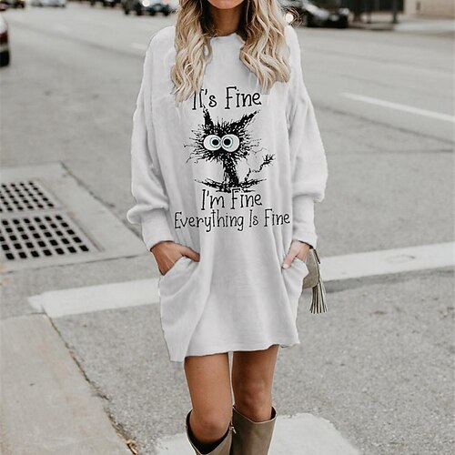 

Women's Shift Dress Short Mini Dress White Gray Khaki Long Sleeve Cat Letter Animal Pocket Print Fall Winter Crew Neck Casual Modern Loose 2022 S M L XL XXL 3XL