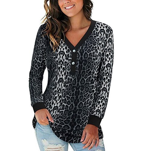 

Women's T shirt Tee Green Brown Beige Leopard Camo Button Print Long Sleeve Casual Weekend Basic V Neck Regular S / 3D Print