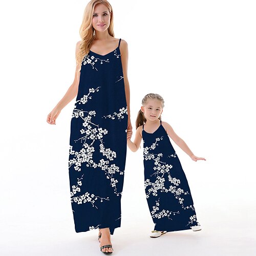 

Mommy and Me Dresses Floral Causal Backless Blue Sleeveless Maxi Strap Dress Active Matching Outfits