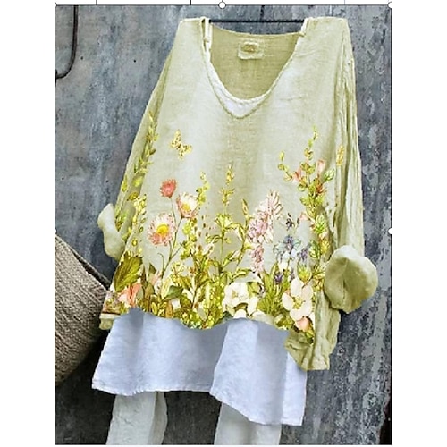 

Women's Blouse Shirt Yellow Flower Print Long Sleeve Daily Weekend Streetwear Casual Round Neck Regular Cotton Linen S