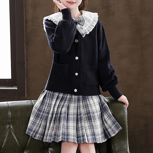 

Kids Girls' Shirt Skirt Clothing Set 3 Pieces Long Sleeve Black Plaid Patchwork Vacation Active Preppy Style 4-12 Years