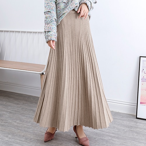 

Women's Skirt Swing Maxi Acrylic Khaki Brown Beige Gray Skirts Fall & Winter Pleated Crochet Without Lining Streetwear Office / Career Casual Daily One-Size / Loose Fit