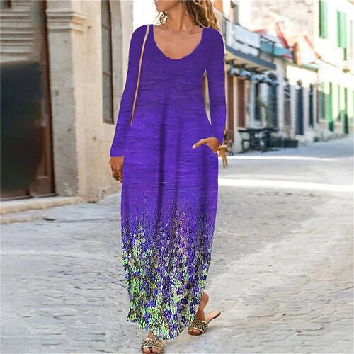 

Women's Shift Dress Maxi long Dress Green Blue Purple Fuchsia Light Blue Long Sleeve Floral Color Gradient Pocket Print Fall Spring V Neck Casual 2022 XS S M L XL XXL 3XL 4XL 5XL 6XL