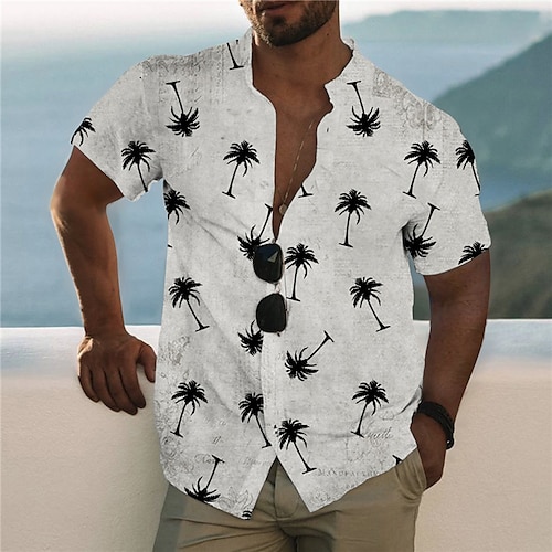 

Men's Shirt Graphic Shirt Coconut Tree Stand Collar Gray 3D Print Outdoor Casual Short Sleeve Button-Down Print Clothing Apparel Fashion Designer Casual Comfortable / Sports