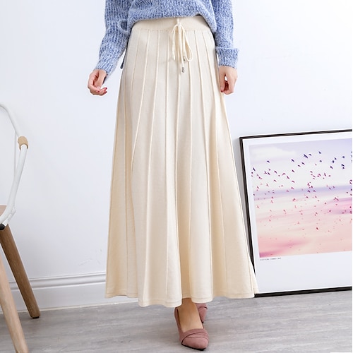 

Women's Skirt Swing Maxi Acrylic Khaki Beige Gray Black Skirts Fall & Winter Pleated Drawstring Crochet Without Lining Streetwear Office / Career Casual Daily One-Size / Loose Fit