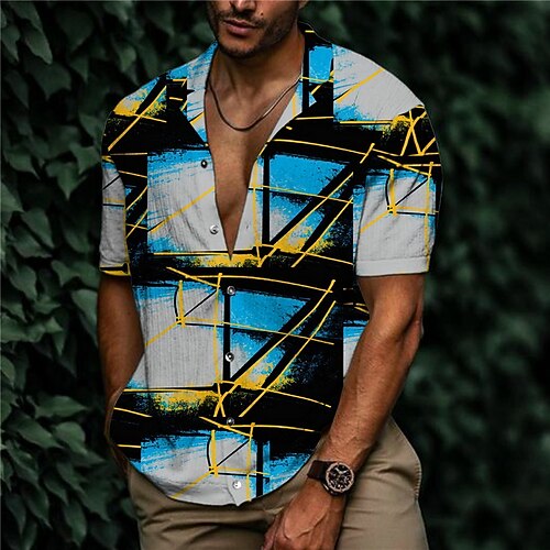 

Men's Shirt Graphic Shirt Geometry Turndown Blue 3D Print Outdoor Street Short Sleeve Button-Down Print Clothing Apparel Fashion Designer Casual Breathable / Summer / Spring / Summer