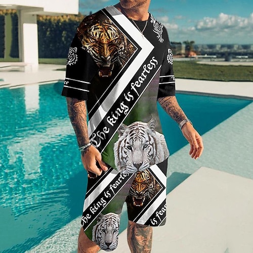 

Men's T-shirt Suits Tennis Shirt Graphic Animal Crew Neck Blue Pink Red BlackWhite Black 3D Print Street Daily Short Sleeve Print Clothing Apparel 2pcs Basic Fashion Lightweight Casual / Summer