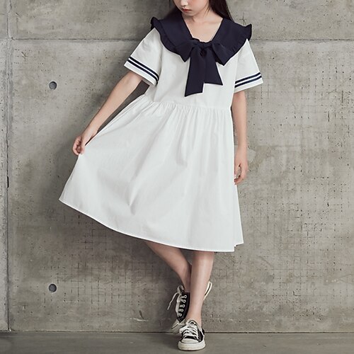 

Kids Girls' Dress Solid Colored A Line Dress Knee-length Dress Daily Bow Cotton Short Sleeve Cute Dress 4-13 Years Spring White