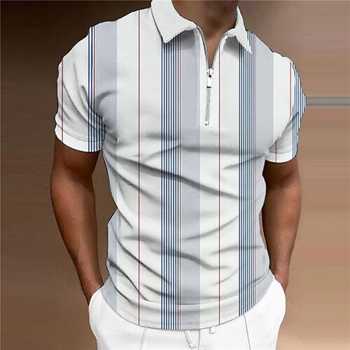 

Men's Collar Polo Shirt Golf Shirt Striped Turndown White 3D Print Outdoor Street Short Sleeves Zipper Print Clothing Apparel Fashion Designer Casual Breathable / Summer / Spring / Summer