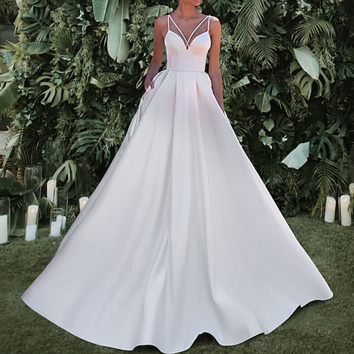 

A-Line Wedding Dresses V Neck Spaghetti Strap Court Train Satin Sleeveless Formal Simple Sexy Backless with Sashes / Ribbons Pleats 2022