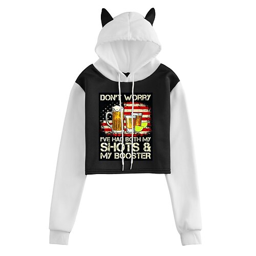 

Women's Cropped Hoodie Oktoberfest Beer Beer American Flag Cat Ear Print Daily Sports Hot Stamping Active Streetwear Hoodies Sweatshirts Black And White White Black