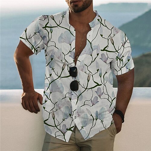 

Men's Shirt 3D Print Floral Stand Collar Casual Daily Button-Down Print Short Sleeve Tops Designer Casual Fashion Comfortable Gray