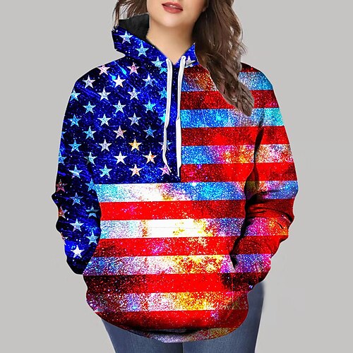 

Women's Plus Size Tops Hoodie Sweatshirt Flag Print Long Sleeve Hooded Streetwear Daily Vacation Polyester Fall Winter Blue