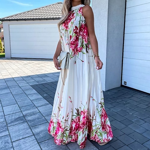 

Women's Casual Dress Swing Dress Long Dress Maxi Dress White Pink Blue Sleeveless Floral Ruched Spring Summer Halter Casual Weekend Loose Fit 2023 S M L XL XXL