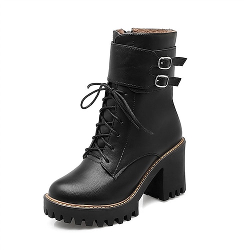 

Women's Boots Lace Up Boots Booties Ankle Boots Lace-up Chunky Heel Round Toe Minimalism Daily PU Leather Lace-up Fall Winter Solid Colored Black Gray