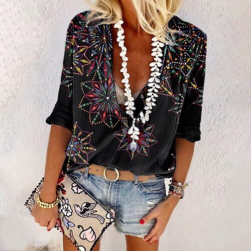 

Women's Blouse Floral Daily Weekend Floral Blouse Shirt Long Sleeve Button Print V Neck Casual Streetwear Black S / 3D Print
