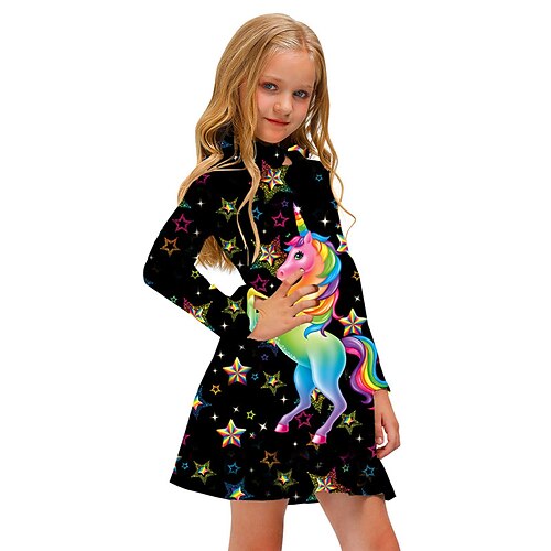 

Kids Little Girls' Dress Unicorn Animal A Line Dress Daily Holiday Vacation Print Black Above Knee Long Sleeve Casual Cute Sweet Dresses Fall Spring Regular Fit 3-12 Years