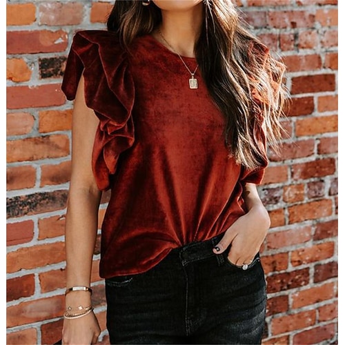

Women's Blouse Plain Casual Daily Weekend Blouse Sleeveless Patchwork Round Neck Casual Vintage Light Brown S