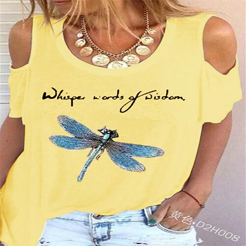 

2020wish Amazon Summer Ladies Loose Casual T-Shirts Round Neck Printed Off Shoulder Tops Short Sleeves