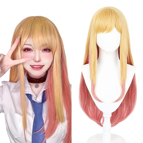 

Hair Cap Marin Kitagawa Long Blond ombre Pink Wig for Women Girls Cosplay Wig with Bangs Synthetic Hair Wig Costume for Anime