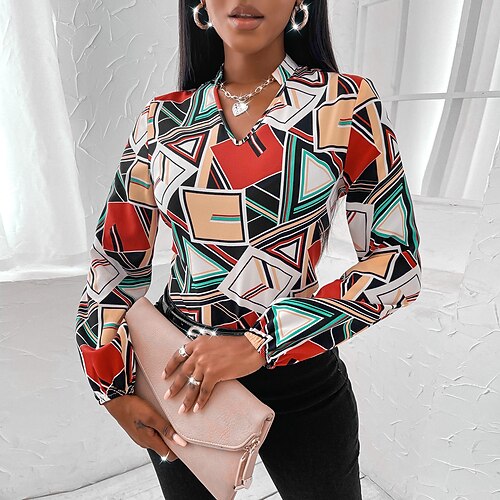 

Women's Shirt Geometric Daily Work Weekend Geometric Shirt Long Sleeve Print V Neck Casual Streetwear Red S / 3D Print