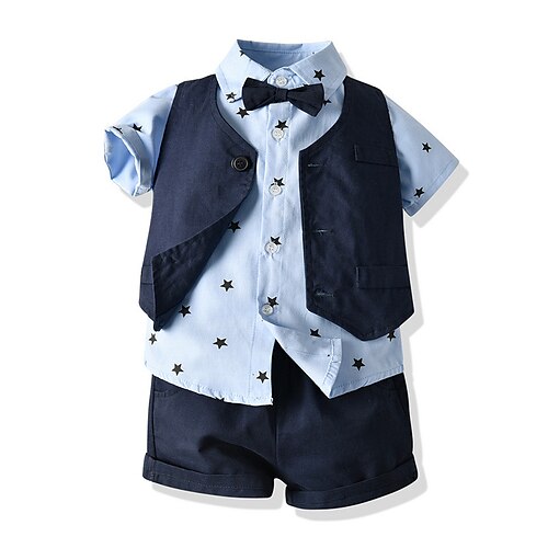 

3 Pieces Kids Boys Shirt & Shorts Tank & Shorts Clothing Set Outfit Star Short Sleeve Print Cotton Set Outdoor Active Daily Spring Summer 3-10 Years Blue