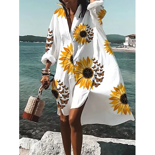 

Mulheres Vestido casual Branco Manga Longa Floral Imprimir Inverno Outono Colarinho de Camisa Roupa de inverno Vestido de outono Ajuste Largo 2022 S M L XL 2XL 3XL 4XL 5XL