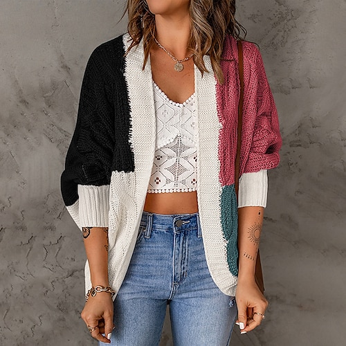 

Women's Cardigan Sweater Jumper Ribbed Cable Knit Knitted Color Block Open Front Stylish Casual Home Daily Fall Winter Green Black S M L / Long Sleeve