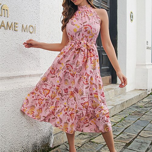 

Women's A Line Dress Midi Dress White Blue Pink Sleeveless Floral Print Spring Summer Stand Collar Elegant Vacation 2022 S M L XL