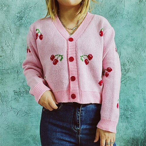 

Women's Cardigan Sweater Jumper Ribbed Knit Knitted Button Floral V Neck Stylish Casual Daily Going out Fall Winter Green White S M L / Long Sleeve