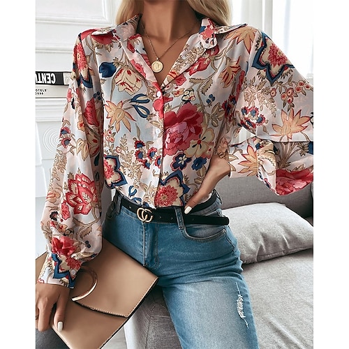 

Women's Shirt Rainbow Graphic Patchwork Print Long Sleeve Casual Daily Vintage Casual Shirt Collar Cotton S