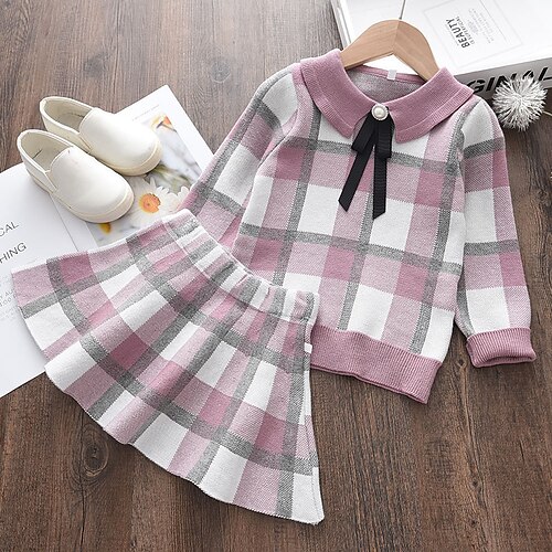 

Kids Girls' T-shirt Skirt Clothing Set 2 Pieces Long Sleeve Pink Yellow Plaid Patchwork Vacation Active Daily 2-6 Years