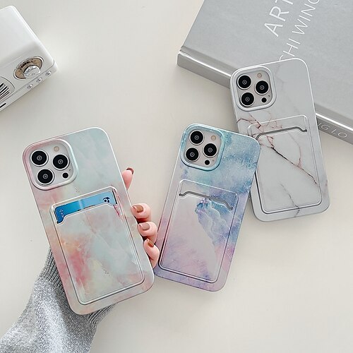 

Phone Case For Apple Back Cover iPhone 13 Pro Max 12 Mini 11 X XR XS Max 8 7 Bumper Frame Card Holder Slots Soft Edges Scenery Marble TPU