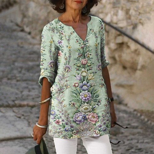 

Chemise Chemisier Tunique Femme Vert Floral Imprimer manche longue du quotidien Fin de semaine Vêtement de rue Décontractées Col V Longue Standard Fleur S