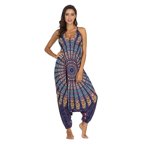 

Women's Pants Trousers Jumpsuit Rompers Harem Pants Blue Royal Blue Red Mid Waist Boho Casual / Sporty Hippie Casual Weekend Baggy Drop Crotch Micro-elastic Full Length Comfort Graphic One-Size