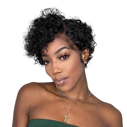 

Remy Human Hair 13x4x1 T Part Lace Front Wig Pixie Cut Short Bob Side Part Brazilian Hair Curly Natural Wig 130% Density 100% Virgin For Women wigs for black women Short Human Hair Lace Wig / Party