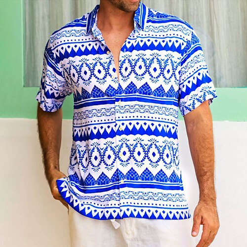 

Men's Shirt Graphic Shirt Graphic Argyle Turndown Blue / White Print Street Daily Short Sleeve Button-Down Print Clothing Apparel Fashion Designer Casual Breathable