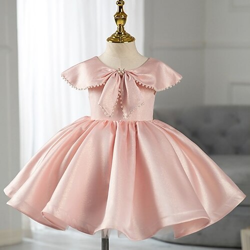 

Party Engagement Party Princess Flower Girl Dresses Jewel Neck Knee Length Satin Spring Summer with Faux Pearl Bow(s) Cute Girls' Party Dress Fit 3-16 Years