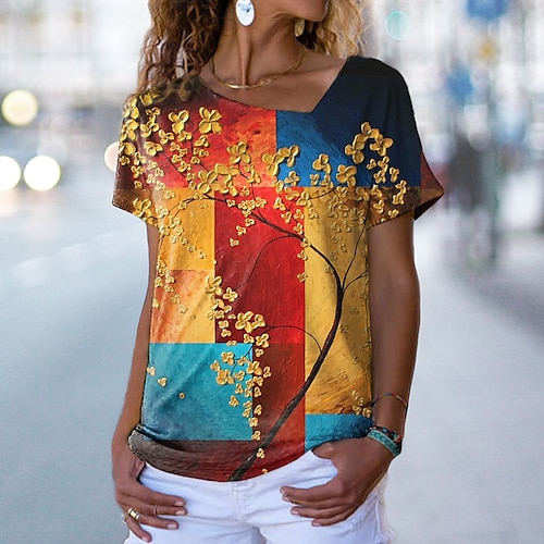

Women's T shirt Tee Floral Casual Holiday Weekend Floral Painting T shirt Tee Short Sleeve Print V Neck Basic Essential Yellow S / 3D Print