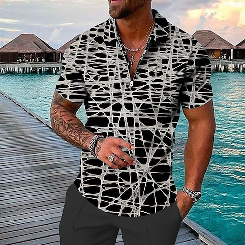 

Men's Collar Polo Shirt Golf Shirt Geometry Turndown Black 3D Print Outdoor Street Short Sleeves Zipper Print Clothing Apparel Fashion Designer Casual Breathable / Summer / Spring / Summer