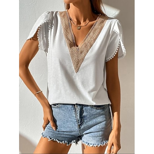 

Women's T shirt Tee Plain Casual Weekend T shirt Tee Short Sleeve Lace Lace Trims V Neck Basic Essential White S