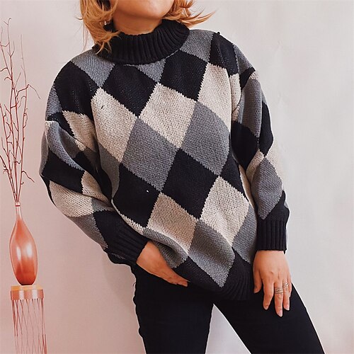 

Women's Pullover Sweater Jumper Crochet Knit Knitted Argyle Turtleneck Stylish Casual Home Daily Fall Winter Black Khaki S M L / Long Sleeve
