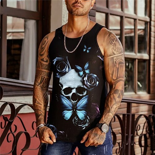 

Men's Tank Top Vest 3D Print Butterfly Graphic Prints Skull Crew Neck Daily Sports Print Sleeveless Tops Designer Fashion Classic Comfortable Black / Summer