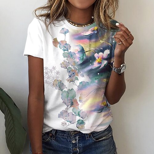 

Women's T shirt Tee Floral Casual Holiday Weekend Floral Butterfly Painting T shirt Tee Short Sleeve Print Round Neck Basic Essential Green Purple S / 3D Print