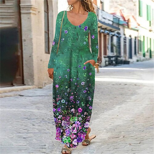 

Women's Shift Dress Maxi long Dress Green Blue Yellow Light Green Wine Dark Green Long Sleeve Floral Pocket Print Fall Spring V Neck Casual 2022 XS S M L XL XXL 3XL 4XL 5XL 6XL