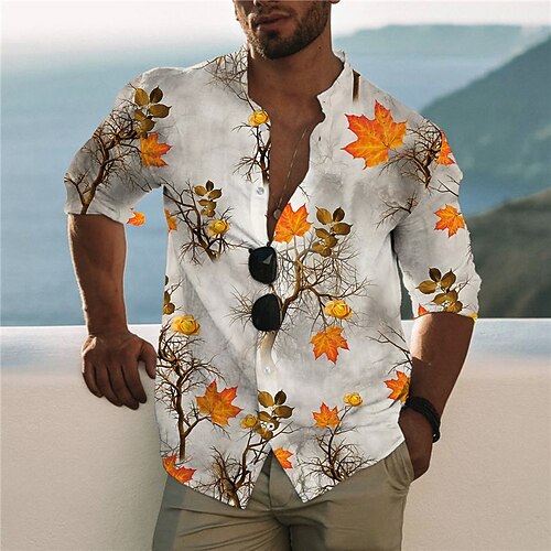 

Men's Shirt 3D Print Floral Stand Collar Street Casual Button-Down Print Long Sleeve Tops Designer Casual Fashion Breathable Gray / Summer