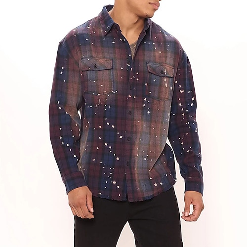 

Men's Shirt Print Plaid Turndown Street Daily Button-Down Long Sleeve Tops Casual Fashion Comfortable Light Purple / Beach