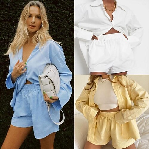 

aliexpress wish casual solid color long-sleeved shirt top wide-leg pants two-piece set loose high-waisted shorts set