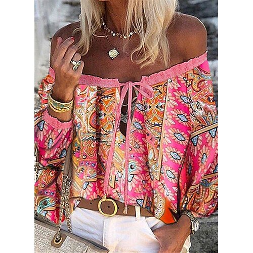 

Women's Shirt Graphic Patterned Holiday Weekend Shirt Long Sleeve Lace up Lace Trims Print Off Shoulder Ethnic Boho Pink Yellow S / 3D Print