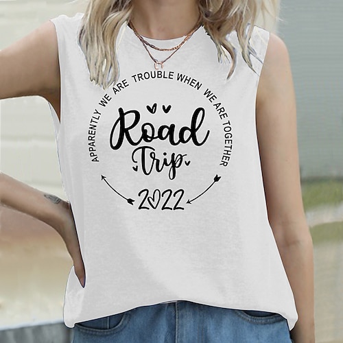 

Women's Tank Top Letter Daily Weekend Holiday Tank Top Camis Sleeveless Print Round Neck Casual Streetwear Green White Black S